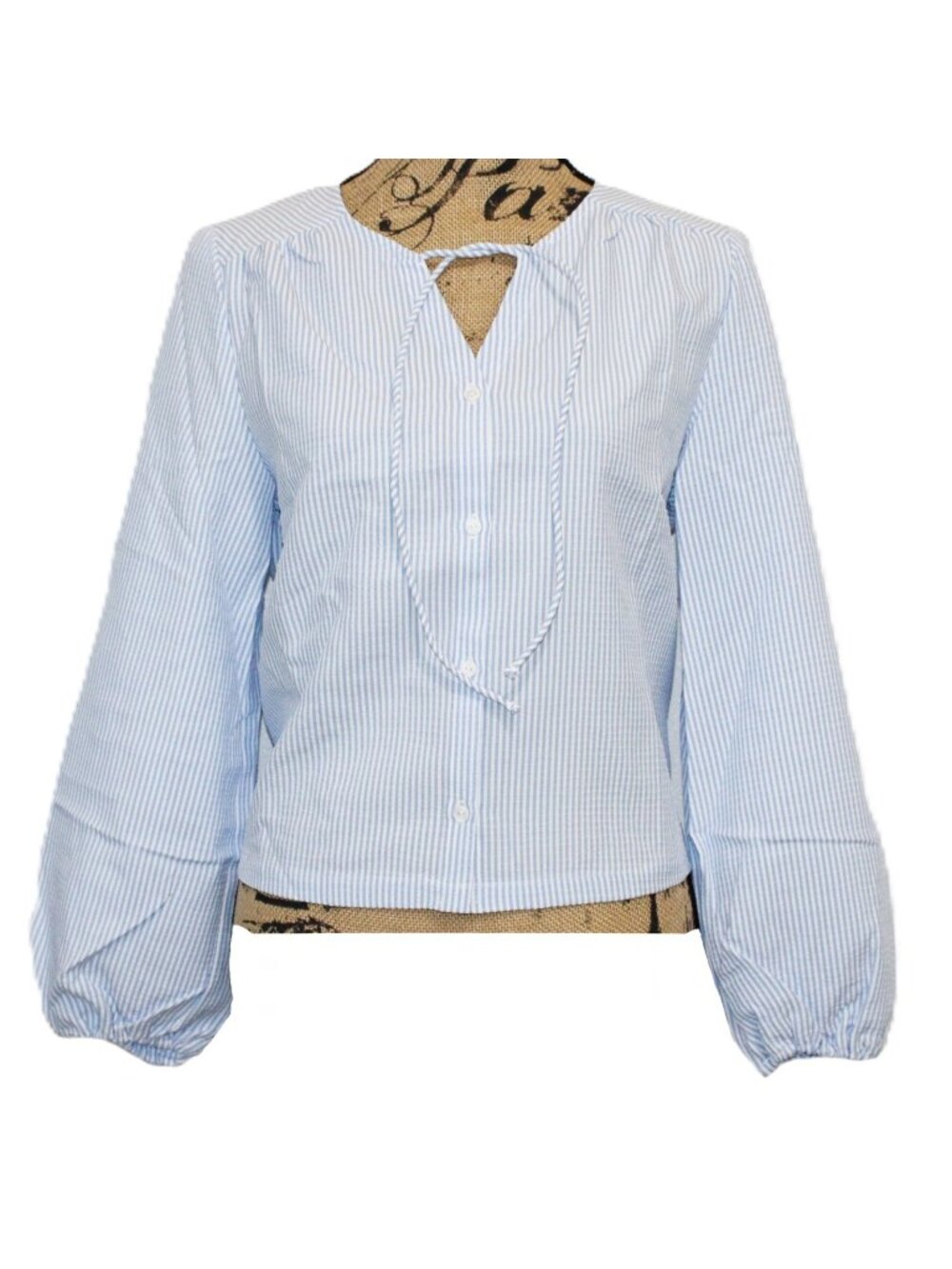 Halara NWT Women's Keyhole Tie Front Blue White Striped Peasant Blouse Small